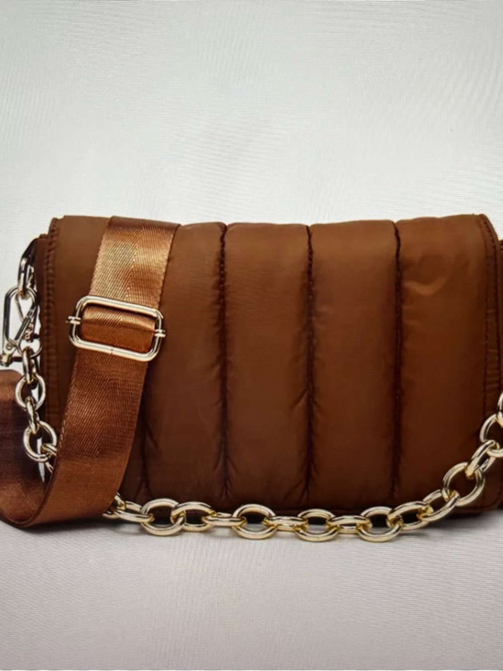 Quilted Brown Crossbody Bag with Gold Chain and Adjustable Strap